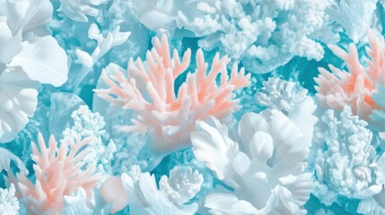 Poster - Soft pastel coral reef with intricate details of marine life in shades of blue and pink