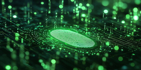 Poster - Futuristic Digital Fingerprint Technology with Abstract Green Background and Data Streams Representing Cybersecurity and Biometrics