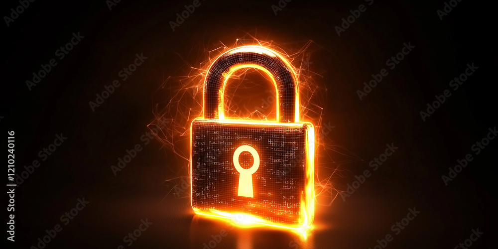 Glowing digital lock with sparks and light effects representing data ...