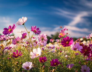 Wall Mural - Red Mexican Aster in a field of flowers