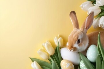 Wall Mural - cute easter bunny nestled among colorful eggs and white tulips creates a charming springtime scene