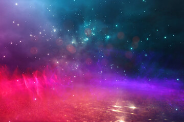Wall Mural - abstract glitter red, pink, purple and gold lights background. de-focused