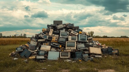 Poster - old electronics and gadgets forming a massive pile in an open field, with a somber cloudy sky adding