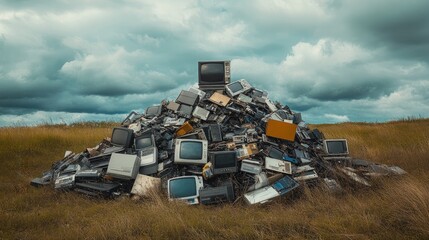 Poster - old electronics and gadgets forming a massive pile in an open field, with a somber cloudy sky adding