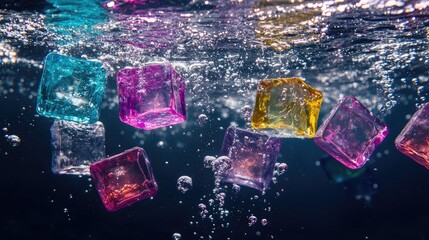 Poster - Radiant ice cubes in vivid hues sinking underwater, bubbles forming trails as they rise to the surface. No people.
