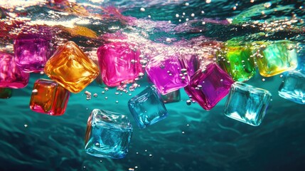 Poster - Radiant ice cubes in vivid hues sinking underwater, bubbles forming trails as they rise to the surface. No people.