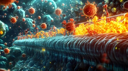 Poster - Visually captivating molecular textures dynamic glowing tones and detailed cellular interactions illustrating the anti aging benefits of antioxidants for skin health and wellness