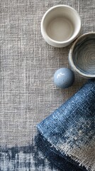 Fototapete - Dynamic burlap pattern with cool tones alongside decorative ceramic bowls and an artistic sphere