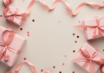 Wall Mural - pink gift boxes with satin ribbons and heart confetti arranged on a beige background, creating a fes