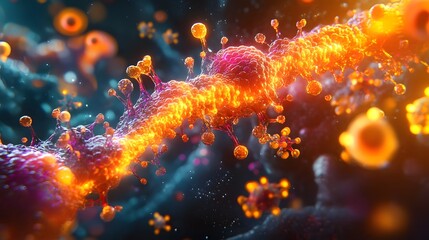 Poster - abstract digital of a biochemical representation of antioxidants with glowing particles interacting 