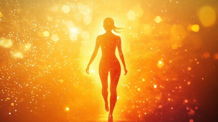 Aufkleber - Woman walking through a radiant golden light surrounded by sparkling particles in a mystical setting