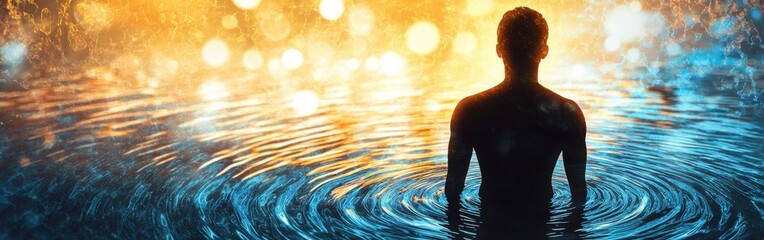 Aufkleber - Conceptual representation of a man glowing in a serene water setting during twilight hours