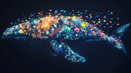 Aufkleber - Conceptual visualization of a whale glowing with vibrant coral and fish in the depths of an underwater paradise