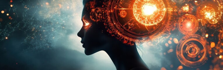 Leinwandbilder - Conceptual visualization of a woman with dynamic, swirling patterns representing thoughts and ideas in a mystical environment