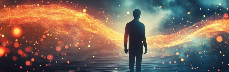 Poster - Man surrounded by glowing lights in a mystical landscape during twilight