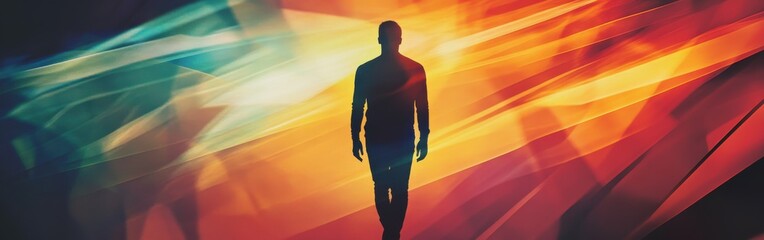 Poster - Conceptual representation of a glowing figure walking through vibrant colors in an abstract landscape at twilight
