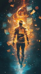 Poster - Man glowing with energy amidst swirling papers in a dark cosmic space, conveying concepts of knowledge and enlightenment