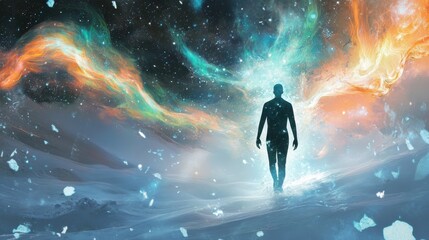 Poster - Conceptual depiction of a glowing man walking through a surreal cosmic landscape at twilight