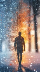 Poster - Conceptual representation of a glowing man walking through a snowy forest with vibrant autumn colors at twilight