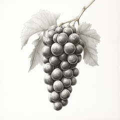 Poster - Cluster of grapes hanging on vine in detailed drawing surrounded by leaves