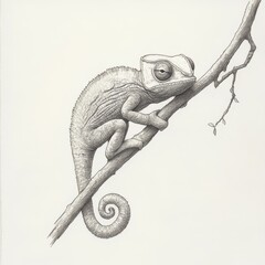 Poster - Chameleon clinging to a twig with its tail coiled in a natural habitat setting