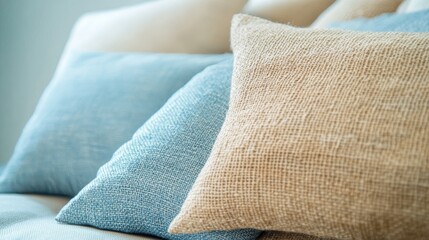 Poster - Calming combination of sky blue and natural tones in a cozy textile arrangement on a soft surface