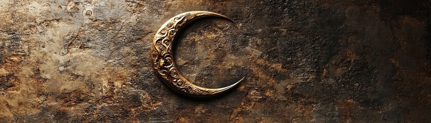 Poster - a textured surface featuring a metallic crescent shape with ornate detailing, evoking a mystical or 