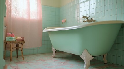 Poster - Vintage bathroom featuring a clawfoot tub and charming pastel tiles for a relaxing ambiance