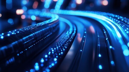 Poster - Fiber optic cables are glowing and transferring data at high speed, creating a futuristic and technological landscape, symbolizing the power of digital communication in the modern era