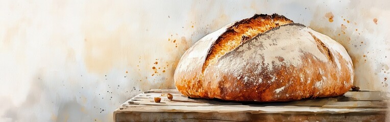 Aufkleber - Freshly baked artisanal bread resting on a rustic wooden surface with a soft watercolor background