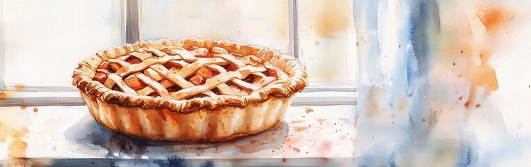 Aufkleber - Close-up of a freshly baked apple pie sitting on a windowsill with a watercolor background