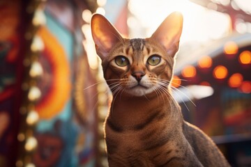 Wall Mural - Portrait of a happy abyssinian cat isolated in lively amusement park background