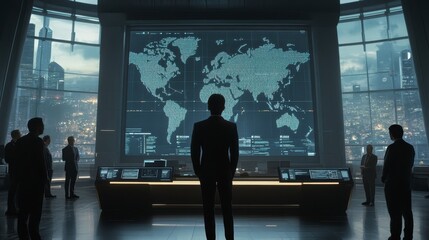Poster - Global Business Strategy Meeting Executives Reviewing World Map Data in Modern Office