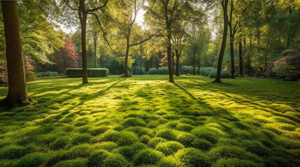 Wall Mural - a green park bathed in morning sunshine. summer splendor in the heart of the forest