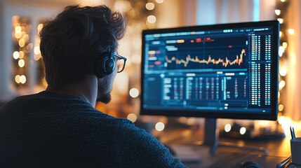 Poster - Man enjoying music while analyzing financial charts at a modern workspace