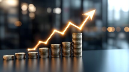 Aufkleber - Conceptual image showcasing business growth and financial success with stacked golden coins and a glowing upward arrow against a dark professional background  Represents increasing profits revenue