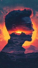 Aufkleber - Vibrant silhouette of a man at sunset with glowing mountains and a dramatic sky