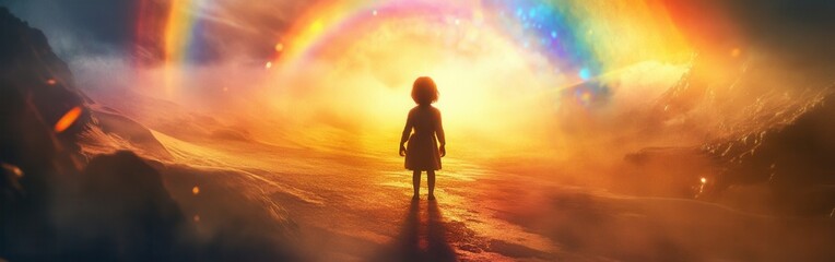 Aufkleber - Child glowing under a bright rainbow in a magical landscape at sunset