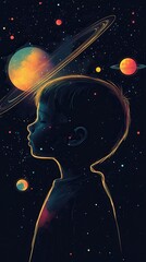 Poster - Vibrant representation of a child dreaming in a cosmic landscape with planets and stars in the background