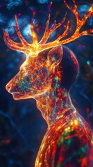Poster - Vibrant depiction of a man's profile with glowing deer features in a surreal forest setting during twilight