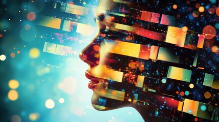 Leinwandbilder - Dynamic visualization of a filmmaker's face with vibrant colors and abstract patterns representing creativity and inspiration