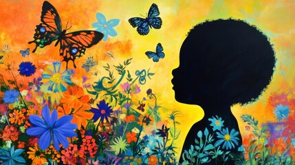 Aufkleber - Vibrant silhouette of a child among colorful flowers and butterflies at sunset