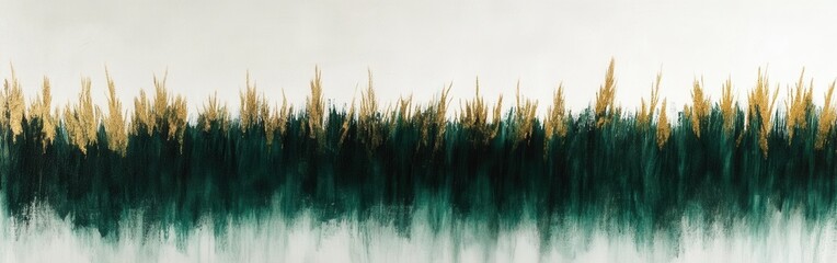 Poster - Thick row of deep emerald green grass contrasting with golden hues at dusk