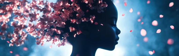 Aufkleber - Silhouette of a child intertwined with pink flower petals amidst an ethereal background