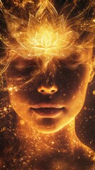 Poster - Surreal woman's face illuminated by glowing patterns and a lotus flower during a mystical dreamlike moment