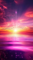 Poster - Surreal magenta and orange gradient sky illuminated by a vibrant sun above a tranquil ocean at dusk
