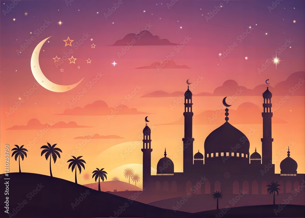 Sky Night Ramadan Kareem Background with Crescent Moon, Mosques, Star ...