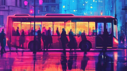 Aufkleber - Surreal portrait of a glowing bus with silhouettes of people during a vibrant urban night