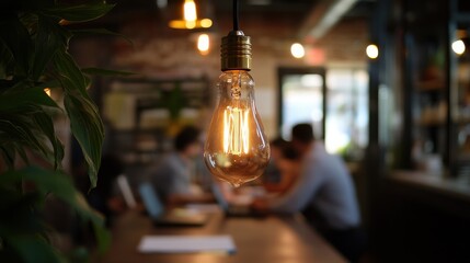 Poster - Glowing light bulb hangs over a workspace filled with people engaged in discussion and collaboration