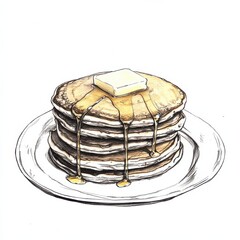 Poster - Stack of fluffy pancakes with melting butter and syrup served on a white plate for breakfast enjoyment